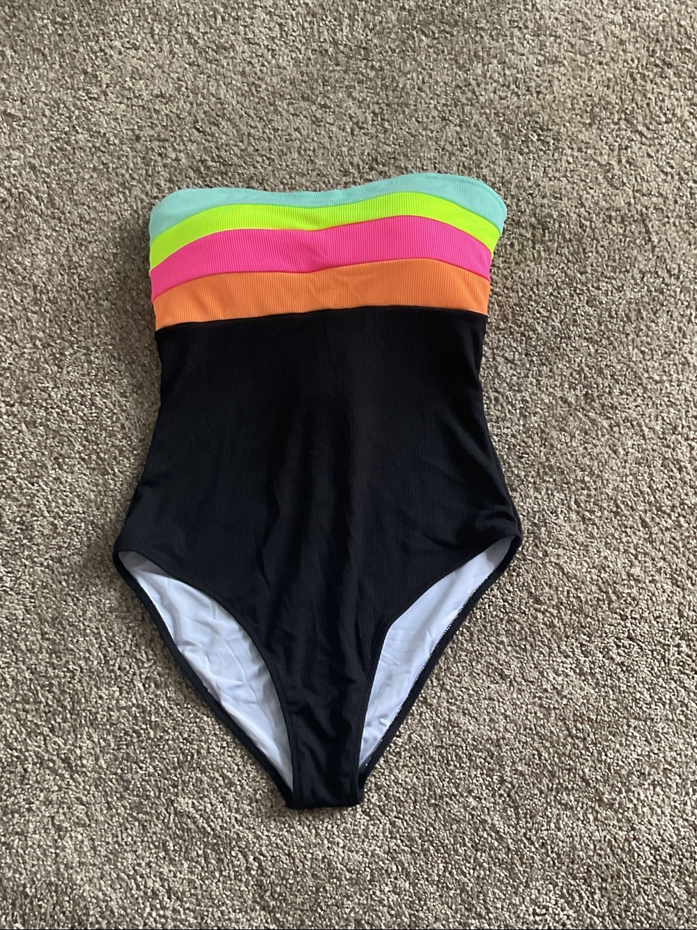 Striped Bandeau Black One-Piece Swimsuit with Neon Accent